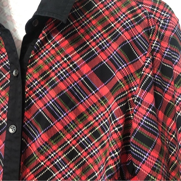 J. McLaughlin Red Plaid Black Trim Button Down Long Sleeve Blouse Medium - Picture 3 of 6
